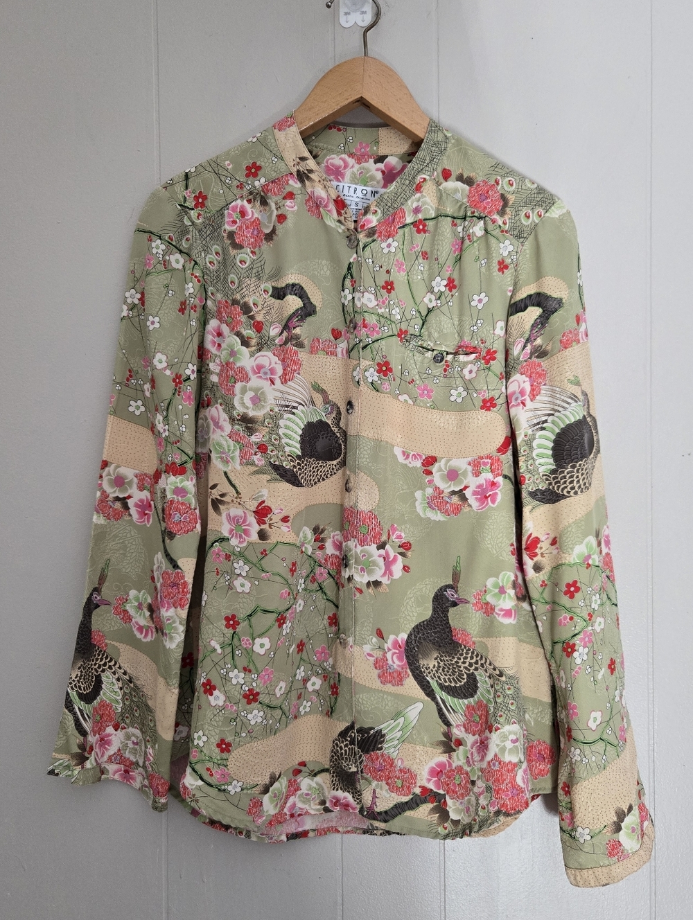 Citron Santa Monica Vtg Silk Button Up Blouse Cherry Blossom Peacock Green Pink